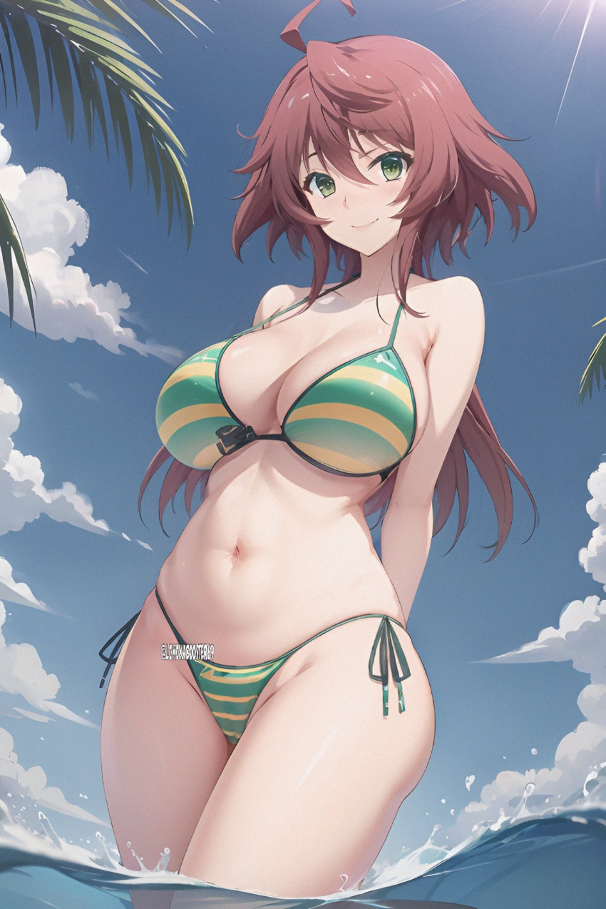 1girl ai_generated baku_ane:_otouto_shibocchau_zo! beach big_breasts bikini breasts navel smile stable_diffusion thick_thighs thighs yurine_hayasaki