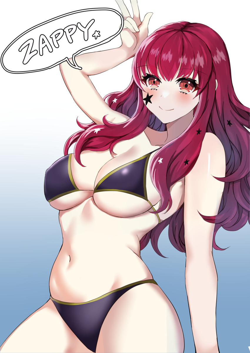 1girl 1girl 1girl alluring alternate_costume bare_thighs bikini black_bikini black_swimsuit breasts facial_tattoo female_only fire_emblem fire_emblem_engage long_hair nintendo red_eyes red_hair star_(symbol) swimsuit tara_(szzj7733) tattoo thick_thighs thighs v yunaka_(fire_emblem)