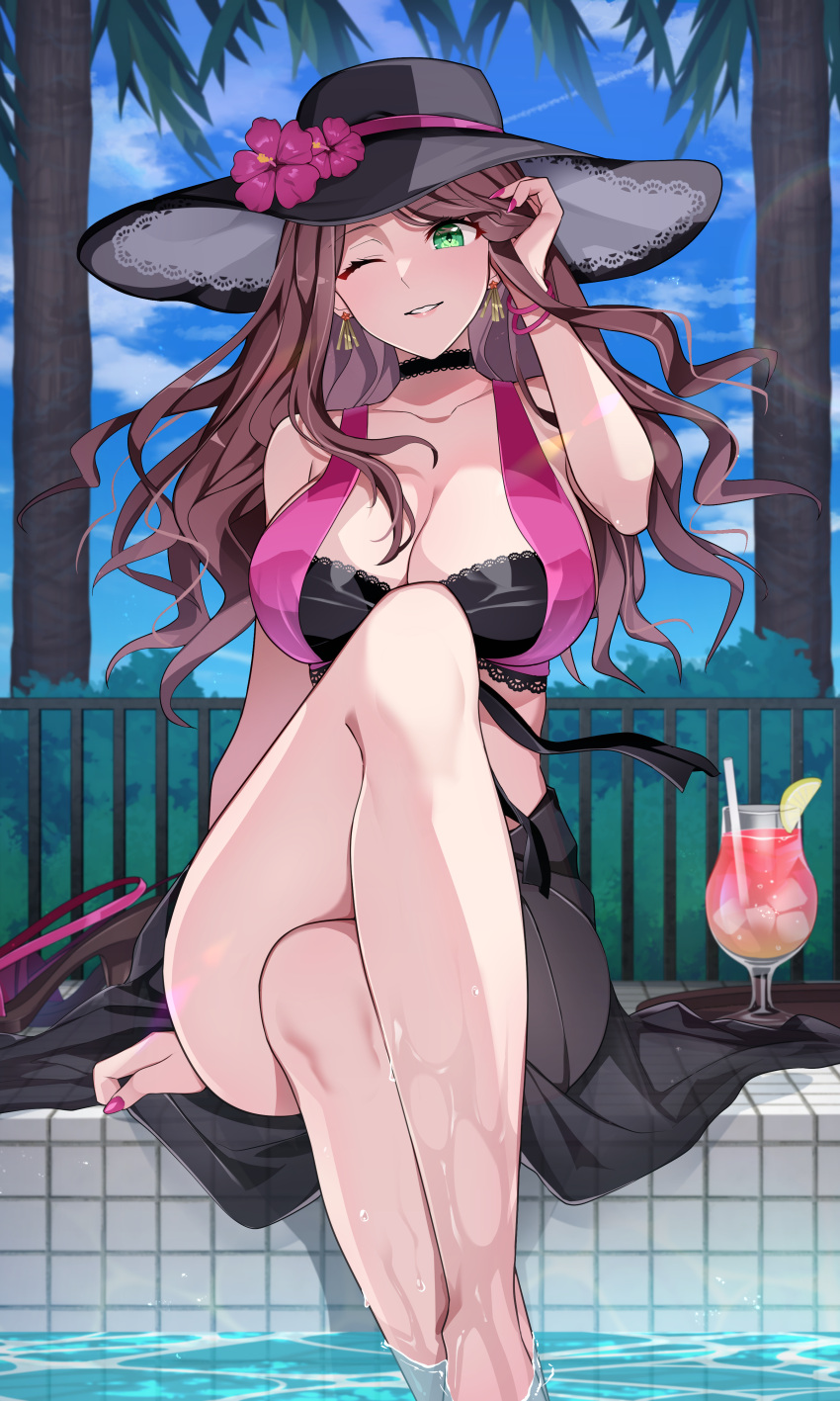 1girl absurd_res alluring big_breasts bikini breasts brown_hair cleavage commission crossed_legs dorothea_arnault dorothea_arnault_(summer) drink earrings fire_emblem fire_emblem:_three_houses fire_emblem_heroes green_eyes hand_in_own_hair hat high_res jewelry long_hair nintendo official_alternate_costume one_eye_closed pool sarong shoes sitting skeb_commission swimming_pool swimsuit tobio_illust unworn_shoes