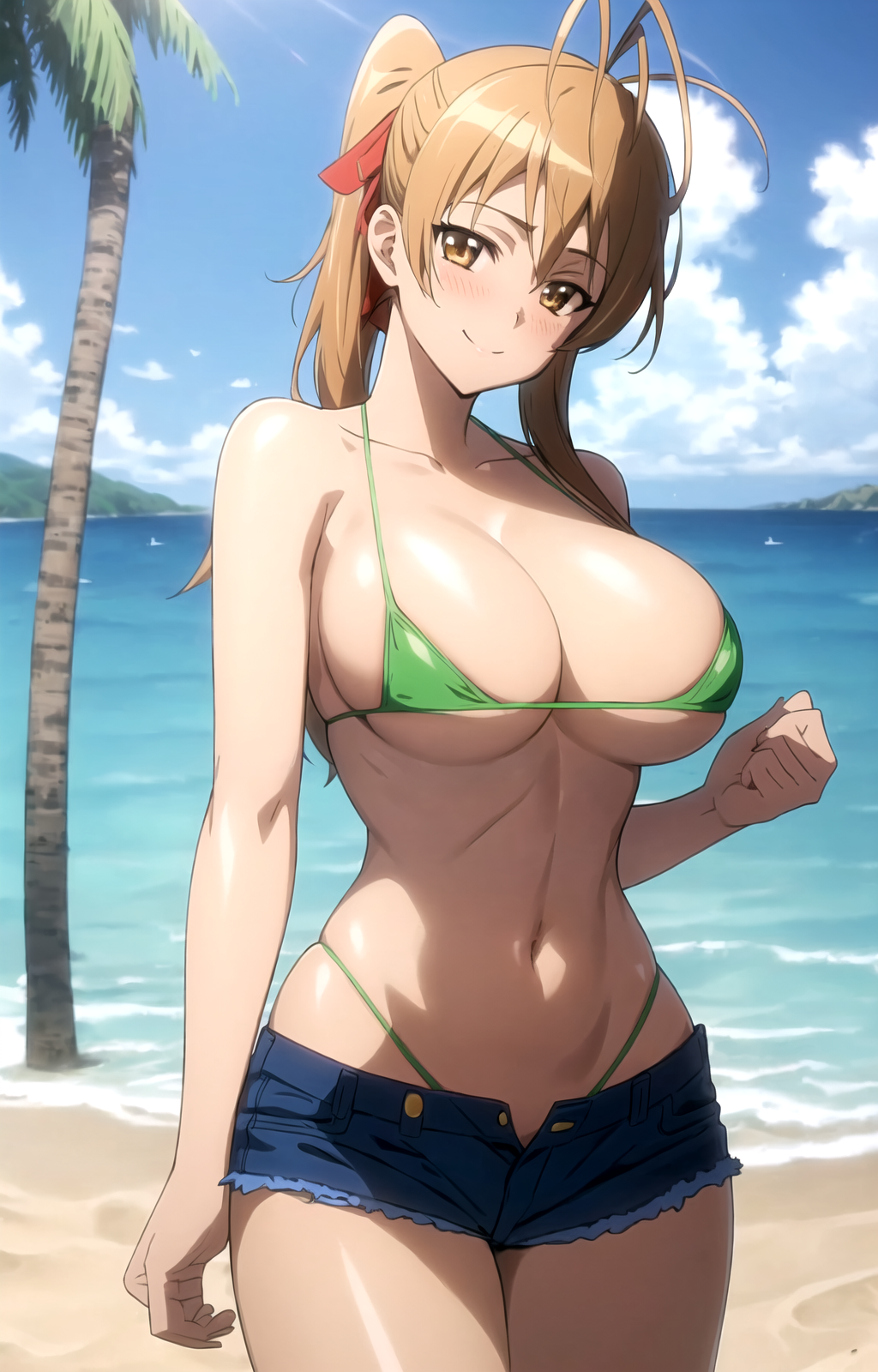 1girl 1girl 1girl ai_generated arm_support beach big_breasts big_breasts big_breasts bikini brown_eyes brown_hair cleavage denim denim_shorts female_only green_bikini highschool_of_the_dead legs long_hair looking_at_viewer navel ocean rei_miyamoto sensual shorts smile stable_diffusion sweat thick_thighs thighs thong_bikini voluptuous water