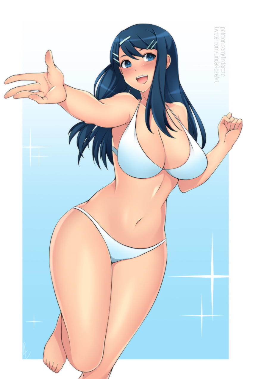 1girl 1girl 1girl alluring alternate_costume bare_legs barefoot big_ass big_ass big_breasts big_breasts bikini blue_eyes blue_hair breasts cleavage commission fire_emblem hair_ornament hairclip lindaroze long_hair long_legs navel nintendo open_mouth oribe_tsubasa patreon_username photoshop_(medium) simple_background swimsuit tokyo_mirage_sessions_#fe watermark web_address white_bikini white_swimsuit wide_hips