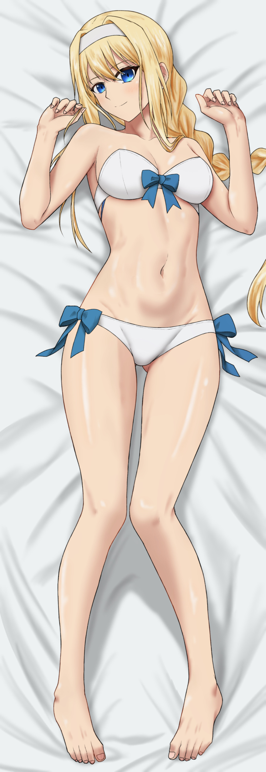 1girl 1girl absurd_res alice_schuberg alluring bare_legs bikini blonde_hair blue_eyes braid breasts commentary_request dakimakura_(medium) female_focus front-tie_bikini_top front-tie_top full_body hairband high_res long_hair looking_at_viewer lying medium_breasts navel on_back side-tie_bikini_bottom sigure_yusyo single_braid swimsuit sword_art_online sword_art_online:_alicization very_long_hair white_hairband