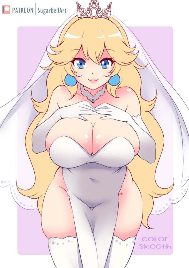 1girl alluring big_breasts blonde_hair blue_eyes breasts bride choker dress earrings elbow_gloves gloves long_hair looking_at_viewer mario_(series) nintendo princess_peach stockings sugarbell super_mario_bros. super_mario_bros._(2023_film) tiara veil wedding_dress white_dress