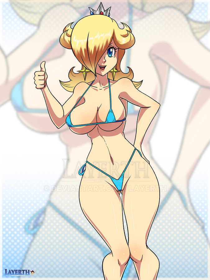 1girl 1girl alluring big_breasts bikini blonde_hair blue_eyes cleavage hair_over_one_eye layerth mario_(series) nintendo rosalina super_mario_bros. tagme watermark