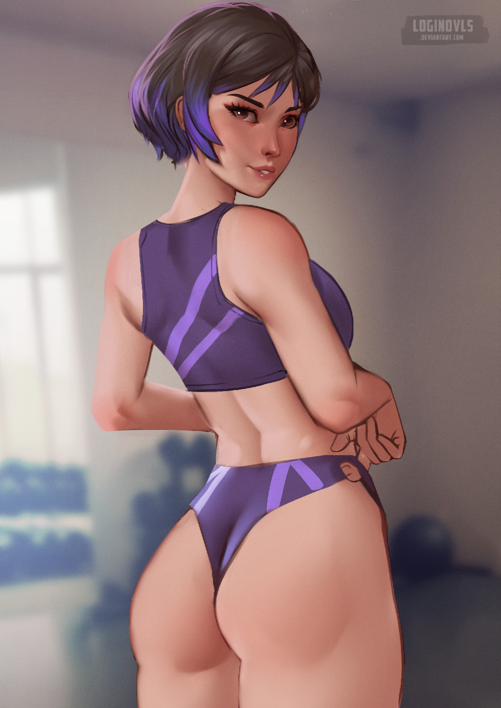 1girl 1girl alluring ass ass_focus black_and_purple_hair female_only gym loginovls looking_at_viewer looking_back namco purple_eyes reina_(tekken) short_gym_shorts sports_bra tekken tekken_8