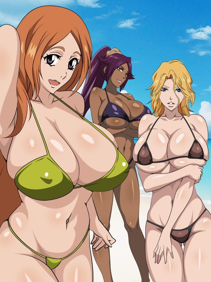 3_girls alluring ass big_breasts bikini black_eyes bleach blonde_hair blue_eyes breasts cleavage covered_erect_nipples dark-skinned_female dark_skin female_focus high_res inoue_orihime long_hair matsumoto_rangiku multiple_girls open_mouth orange_hair purple_hair shihouin_yoruichi short_hair swimsuit yellow_eyes yxyyxy
