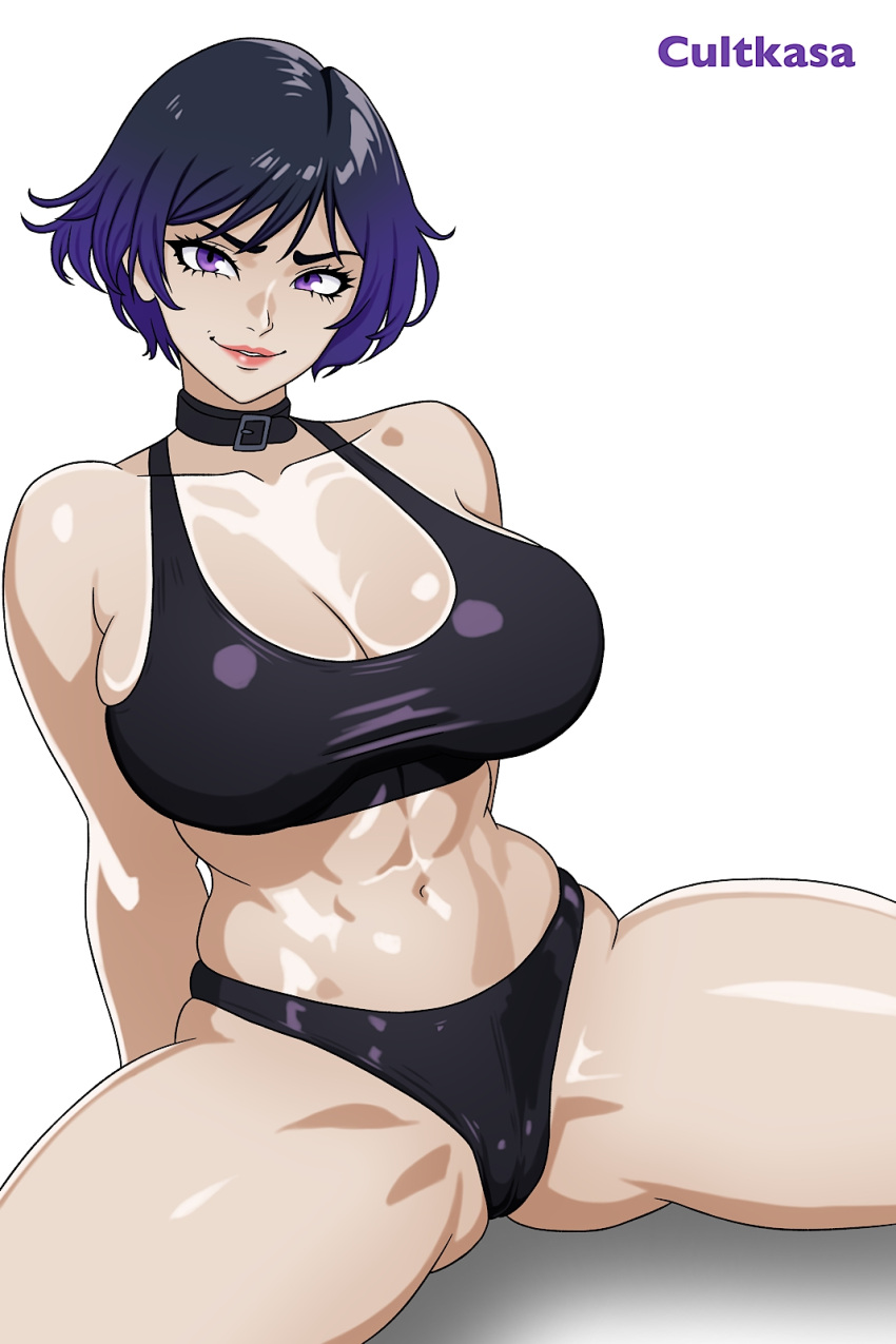 1girl 1girl 1girl abs alluring athletic_female big_breasts breasts cleavage collar cultkasa female_abs female_only fit_female namco reina_(tekken) short_hair sitting spread_legs tekken tekken_8 thick_thighs white_background
