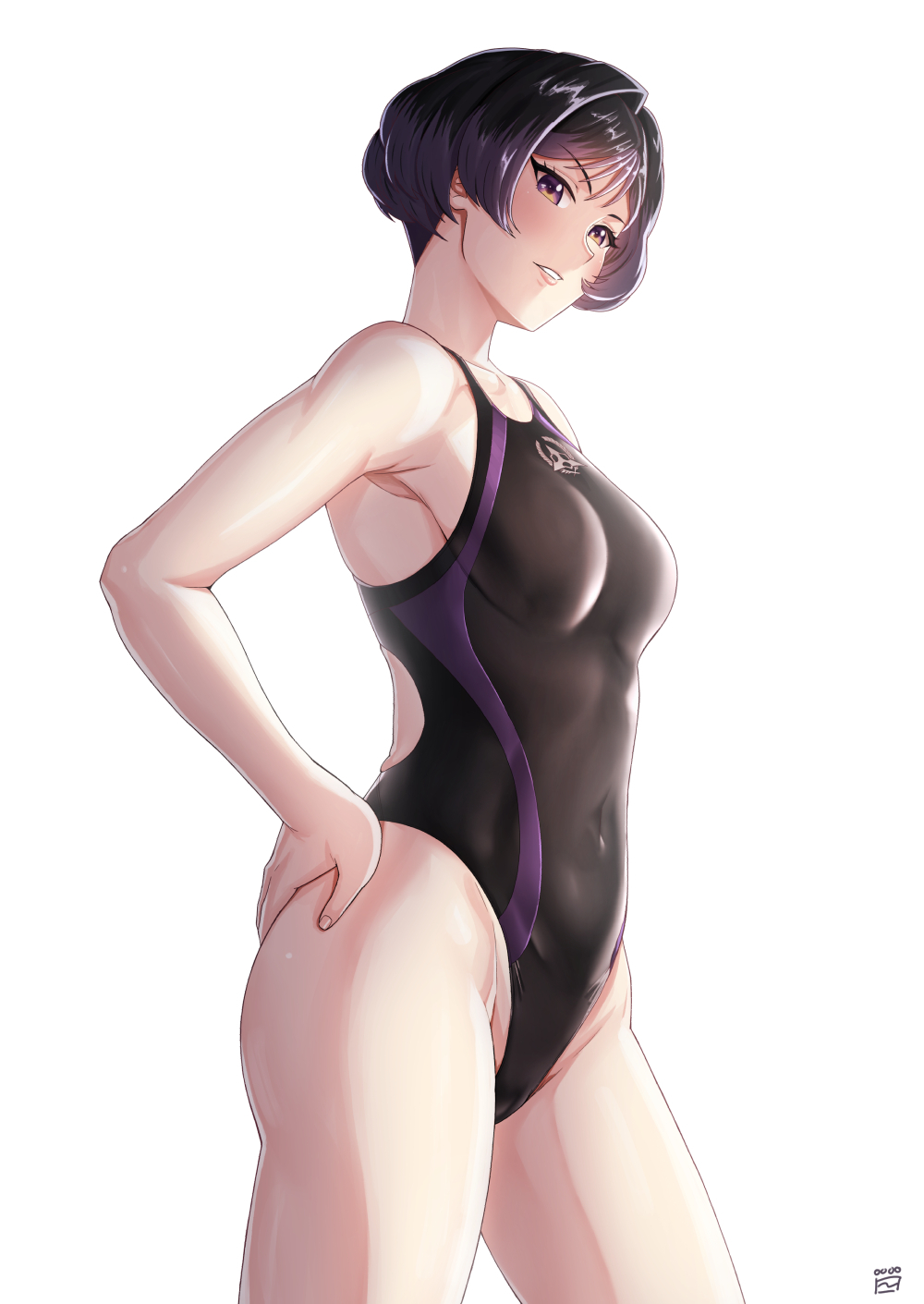1girl alluring bare_legs bikini black_and_purple_hair black_one-piece_bikini breasts brown_eyes competition_swimsuit covered_navel finalcake hand_on_own_hip high_res highleg highleg_swimsuit looking_at_viewer medium_breasts namco one-piece_bikini parted_lips reina_(tekken) short_hair simple_background swimsuit tekken tekken_8 two-tone_swimsuit white_background