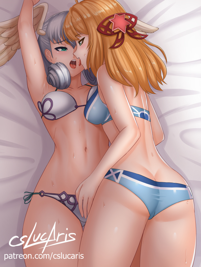 2_girls alluring ass blonde_hair breasts fiora_(xenoblade) fiorun green_eyes hand_on_pussy kissing looking_at_another melia_antiqua nintendo partially_clothed silver_hair swimsuit xenoblade_(series) xenoblade_chronicles yuri