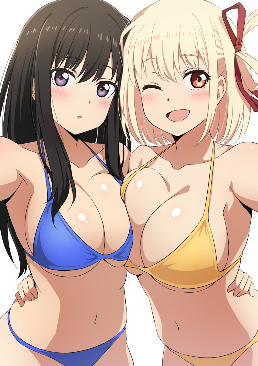 2_girls alluring big_breasts bikini black_hair blonde_hair blush breasts eye_contact female_only inoue_takina light-skinned_female light_skin long_hair looking_at_viewer lycoris_recoil mibushiro nishikigi_chisato one_eye_closed shiny_skin short_hair upper_body