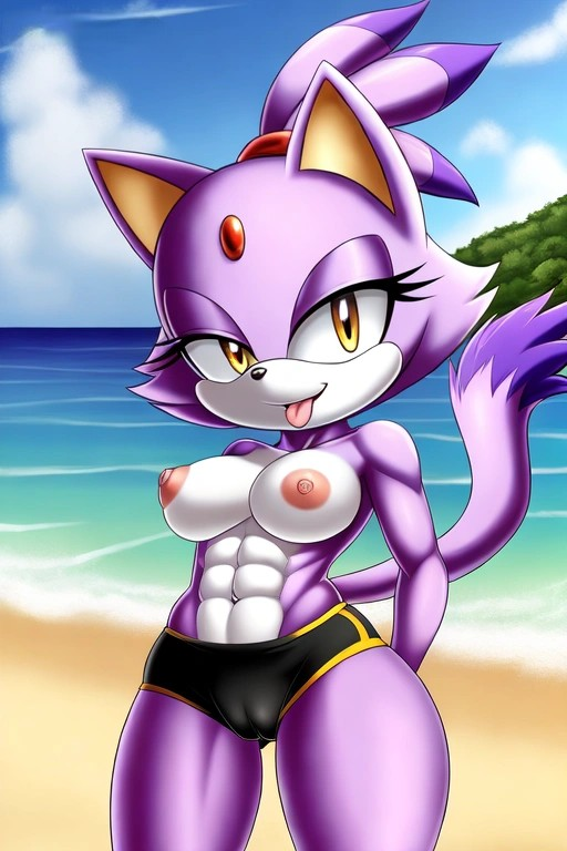 abs ai_generated beach blaze_the_cat breasts mobians.ai nipples nuggeto sea seaside sega shorts sonic_the_hedgehog_(series) topless topless_female