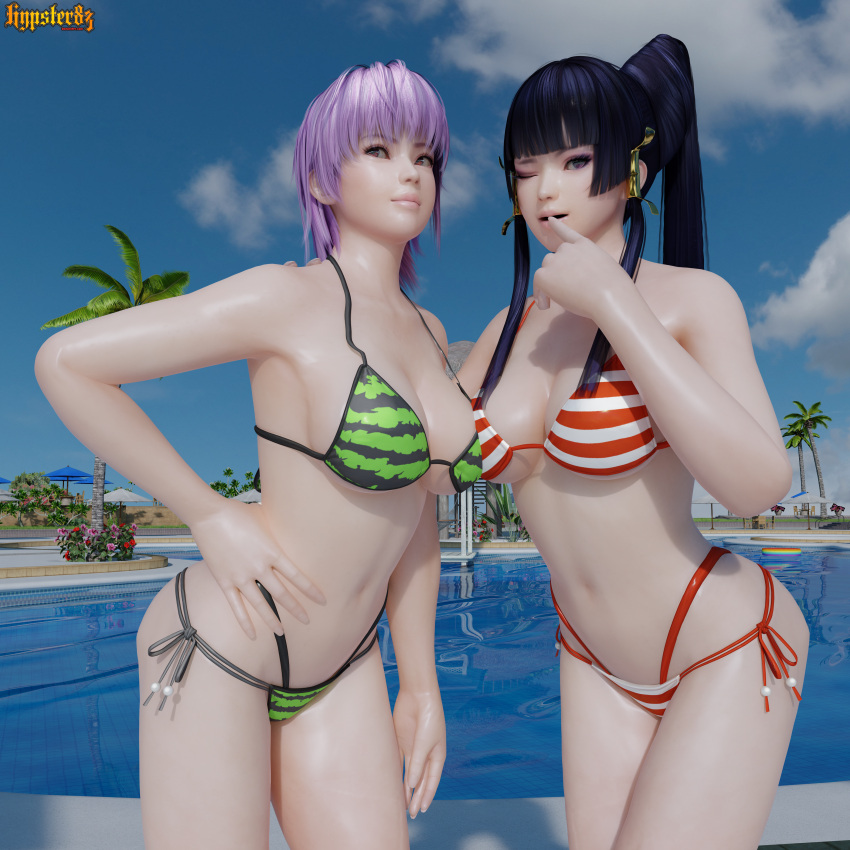 2_girls alluring bare_legs big_breasts bikini black_hair cleavage dead_or_alive dead_or_alive_2 dead_or_alive_3 dead_or_alive_4 dead_or_alive_5 dead_or_alive_6 dead_or_alive_xtreme dead_or_alive_xtreme_2 dead_or_alive_xtreme_3 dead_or_alive_xtreme_3_fortune dead_or_alive_xtreme_beach_volleyball dead_or_alive_xtreme_venus_vacation hypster83 kunoichi lavender_hair nyotengu posing purple_hair red_eyes silf swimming_pool tecmo watermelon_bikini