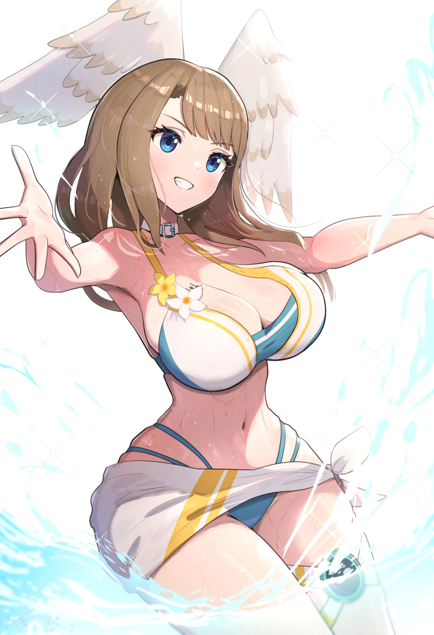 1girl 1girl absurd_res alluring alternate_costume beach big_breasts big_breasts bikini blue_bikini blue_swimsuit breast_tattoo brown_hair curvy eunie_(xenoblade) female_only gonzarez head_wings high_res long_hair midriff monolith_soft navel nintendo official_alternate_costume slim_waist swimsuit tattoo thick_thighs thighs voluptuous water wet white_bikini white_swimsuit wide_hips wings xenoblade_(series) xenoblade_chronicles_3