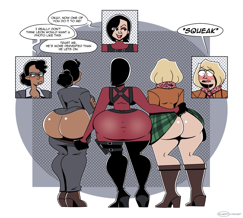 1girl 3_girls ada_wong ada_wong_(adriana) ashley_graham ashley_graham_(ella_freya) ass ass_focus bare_ass big_ass biohazard biohazard_4 black_hair blonde_hair blush bottom_heavy bubble_ass bubble_butt caked_up capcom chocolate_and_vanilla clothing dark-skinned_female dark_skin dat_ass dialogue dumptruck_ass english_text fat_ass female_only glasses huge_ass ineptoutcast ingrid_hunnigan large_ass light-skinned_female miniskirt pants_down resident_evil resident_evil_4 resident_evil_4_(remake) resident_evil_4_remake short_hair skirt skirt_lift text thick_ass thick_thighs twitter wide_hips