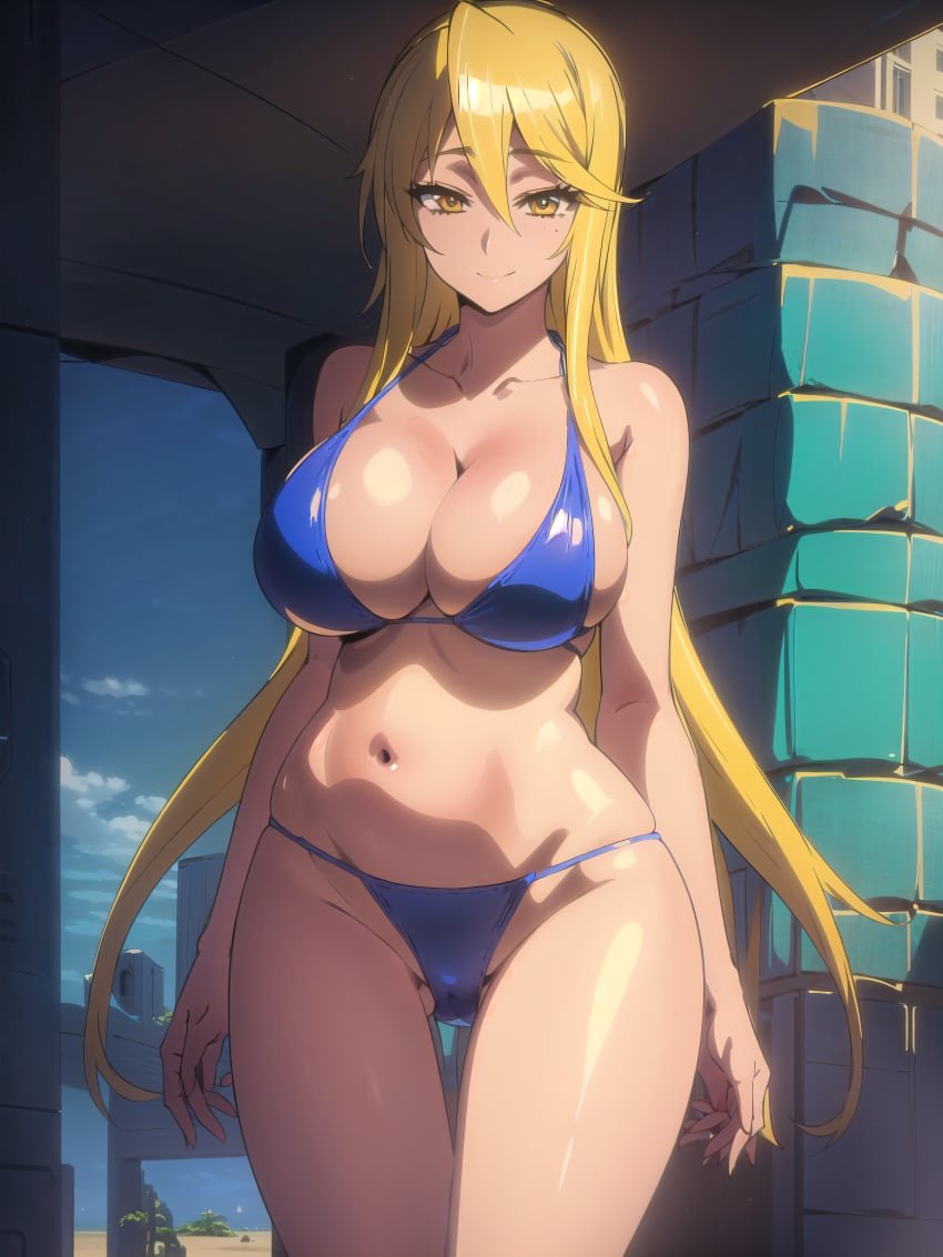 1girl ai_generated ass beach big_ass big_breasts big_breasts bikini blonde_hair breasts highschool_of_the_dead hips huge_ass huge_breasts long_hair navel nude shizuka_marikawa swimsuit thicc voluptuous voluptuous_female wide_hips yellow_eyes