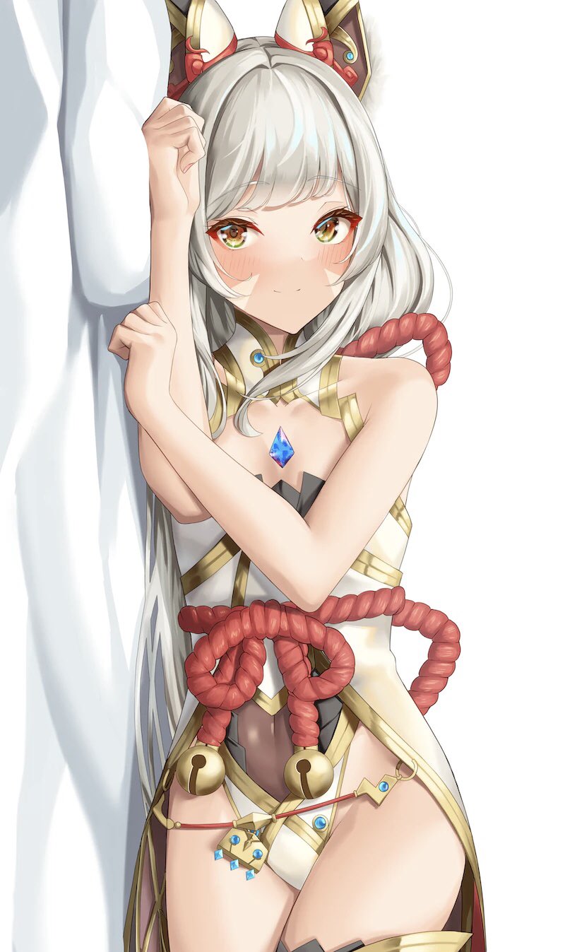 1girl 1girl 1girl alluring animal_ears breasts cat_ears core_crystal female_only grey_hair looking_at_viewer lying_on_bed lying_on_side nia nia_(blade) nia_(blade)_(xenoblade) nia_(xenoblade) nintendo pov small_breasts thighs whitepakaillust xenoblade_(series) xenoblade_chronicles_2 yellow_eyes