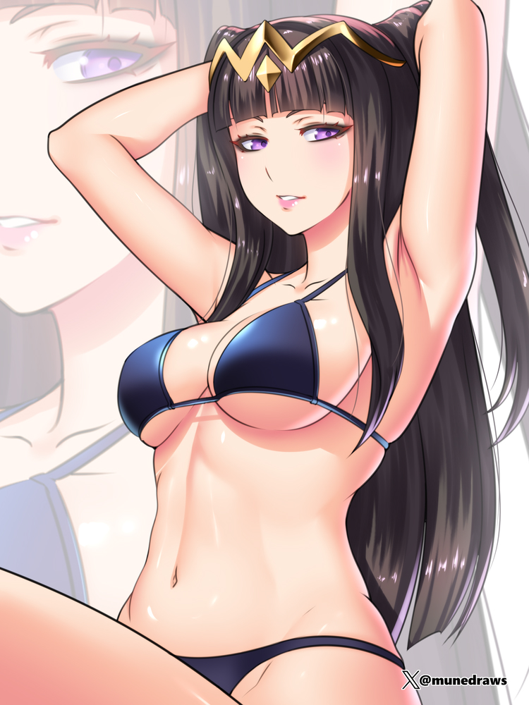 1girl 1girl 1girl alluring alternate_costume artist_name bikini black_bikini black_hair black_swimsuit blunt_bangs collarbone english_commentary etchimune female_only fire_emblem fire_emblem_awakening hands_up hime_cut long_hair looking_at_viewer medium_breasts milf nintendo parted_lips purple_eyes sideboob swimsuit tharja tharja_(fire_emblem) twitter_username under_boob