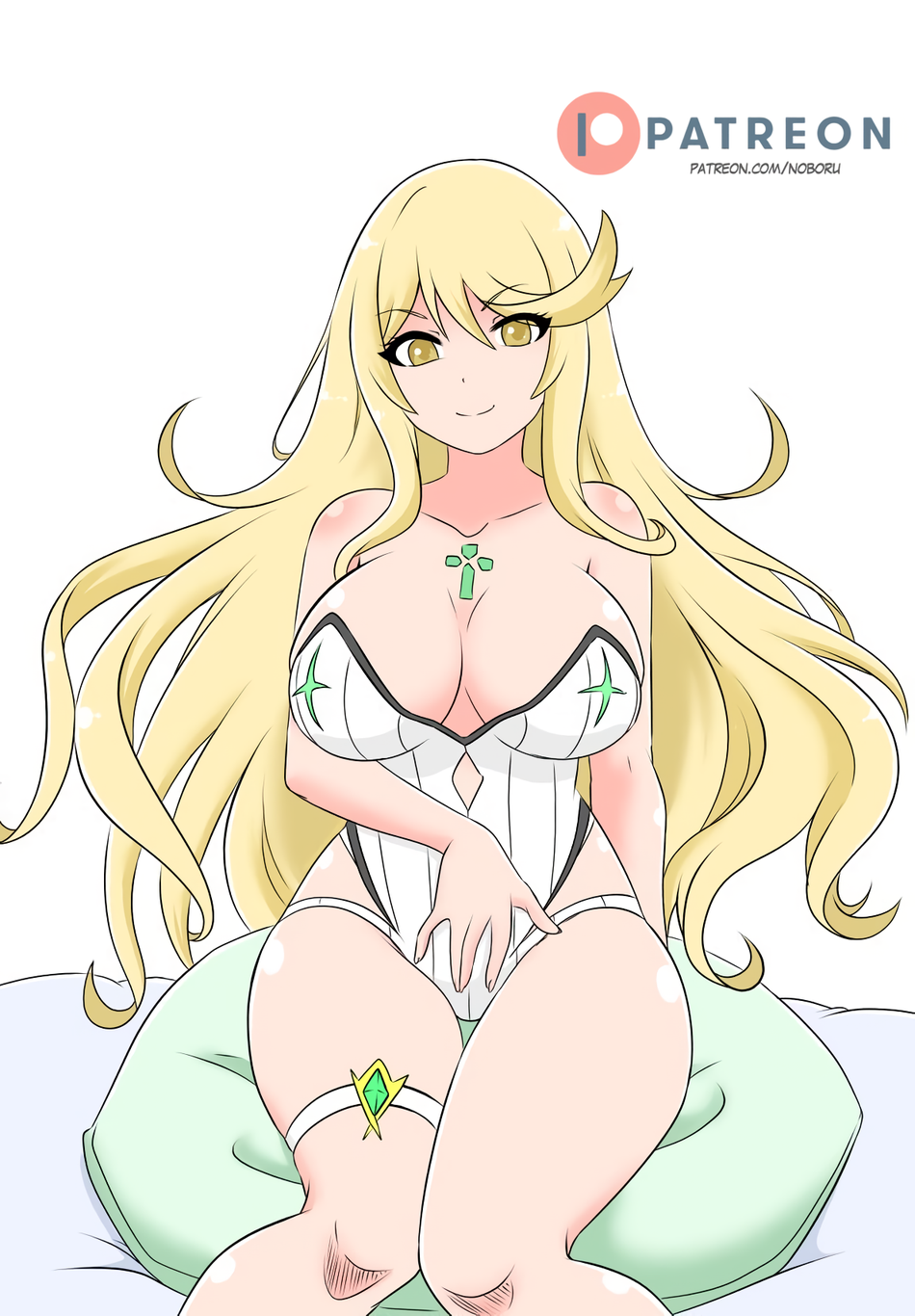 1girl 1girl 1girl alluring big_breasts bikini blonde_hair cleavage female_only mythra nintendo noboru one-piece_bikini xenoblade_(series) xenoblade_chronicles_2 yellow_eyes