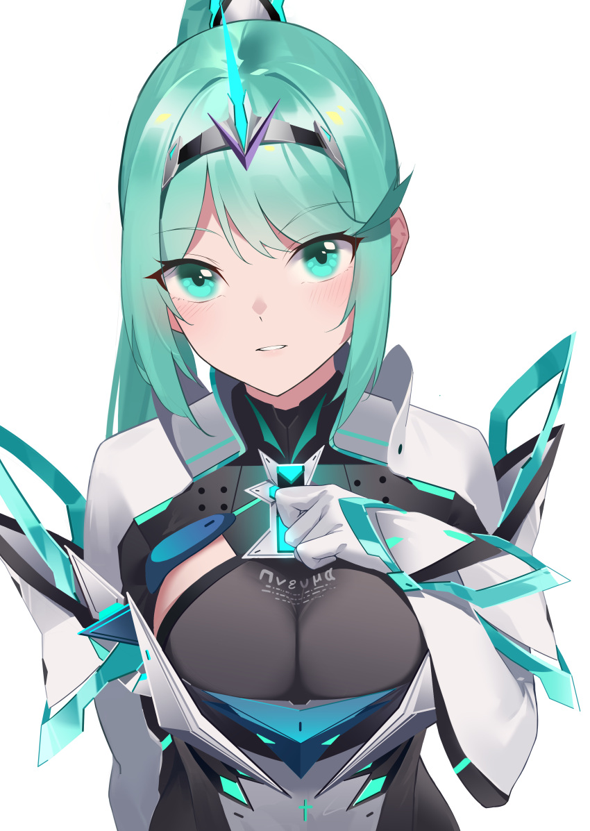 1girl 1girl absurd_res alluring big_breasts cleavage evan_(pixiv7510743) green_eyes green_hair hairband hand_on_own_chest high_res long_hair looking_at_viewer nintendo pneuma_(xenoblade) ponytail sidelocks simple_background smile upper_body white_background xenoblade_(series) xenoblade_chronicles_2