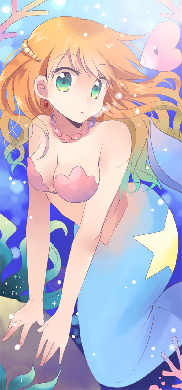 1girl alluring alternate_hairstyle aqua_eyes bikini bikini_top_only breasts breasts_squeezed_together bubble chocho_(homelessfox) cleavage coral creatures_(company) earrings floating_hair freediving game_freak green_eyes hair_down jewelry long_hair luvdisc medium_breasts mermaid mermaid_misty_(pokemon) misty misty_(pokemon) misty_mermaid necklace nintendo orange_hair pink_bikini pokemon pokemon_(anime) pokemon_(creature) seaweed star_(symbol) swimsuit underwater v_arms