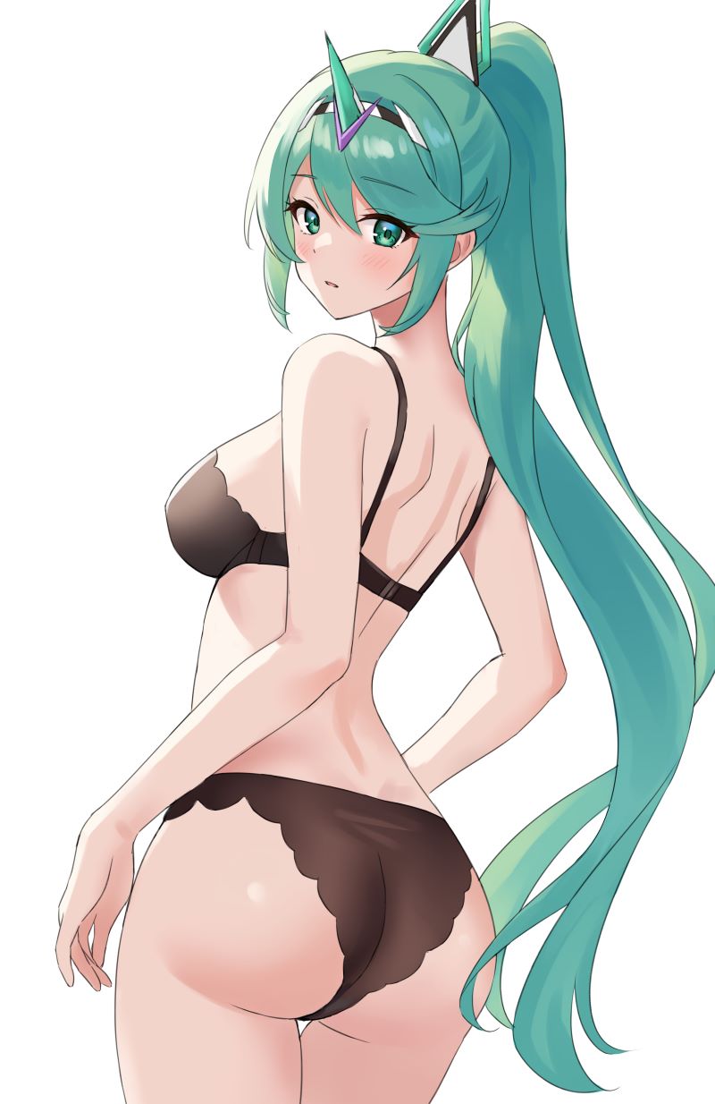 1girl alluring ass bare_shoulders big_breasts blush bra circlet from_behind green_eyes green_hair high_res horn long_hair looking_at_viewer looking_back nintendo panties pneuma_(xenoblade) ponytail sebu_illust sideboob underwear very_long_hair xenoblade_(series) xenoblade_chronicles_2