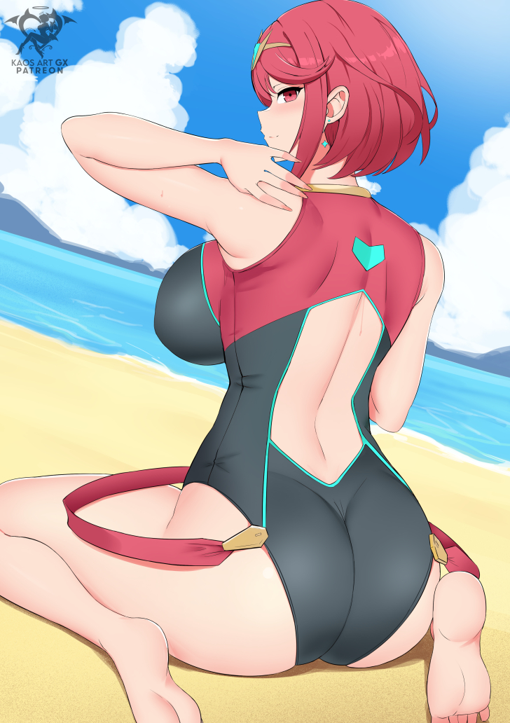 1girl 1girl alluring ass bangs beach big_breasts bikini competition_swimsuit highleg_bikini highleg_swimsuit kaos_art light-skinned_female light_skin milf nintendo one-piece_bikini one-piece_swimsuit outside pyra red_eyes red_hair short_hair swept_bangs swimsuit thick_thighs xenoblade_(series) xenoblade_chronicles_2