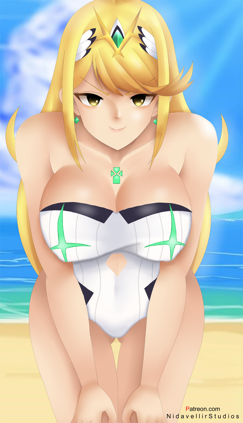 1girl alluring bare_legs beach big_breasts bikini blonde_hair blue_sky cleavage mythra nidavellirstudios nintendo ocean one-piece_bikini seductive_female xenoblade_(series) xenoblade_chronicles_2 yellow_eyes