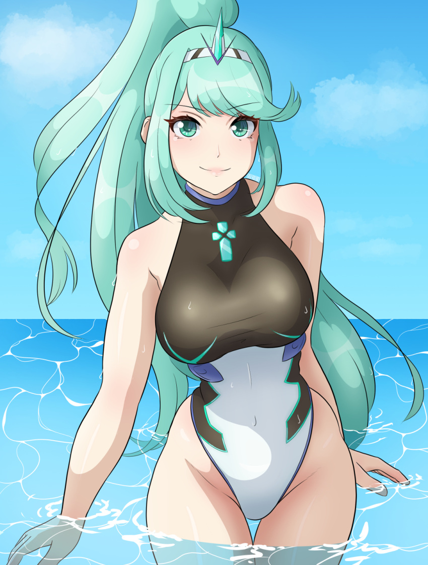 1girl alluring big_breasts bikini green_eyes green_hair high_res long_hair navel one-piece_bikini partially_submerged pneuma_(xenoblade) ponytail skin_tight smile swimsuit thighs water xenoblade_(series) xenoblade_chronicles_2 yaizaberry
