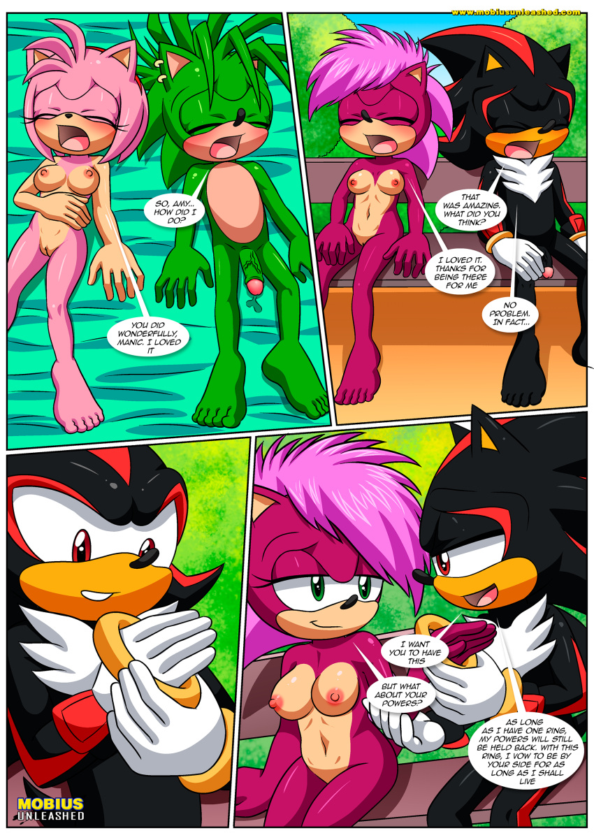 1girl after_sex amy_rose anthro barefoot bbmbbf blush breasts comic male male/female manic_the_hedgehog mobian_(species) mobian_mating_season_(comic) mobius_unleashed navel nipples nude palcomix penis pussy sega sega shadow_the_hedgehog sonia_the_hedgehog sonic_the_hedgehog_(series)