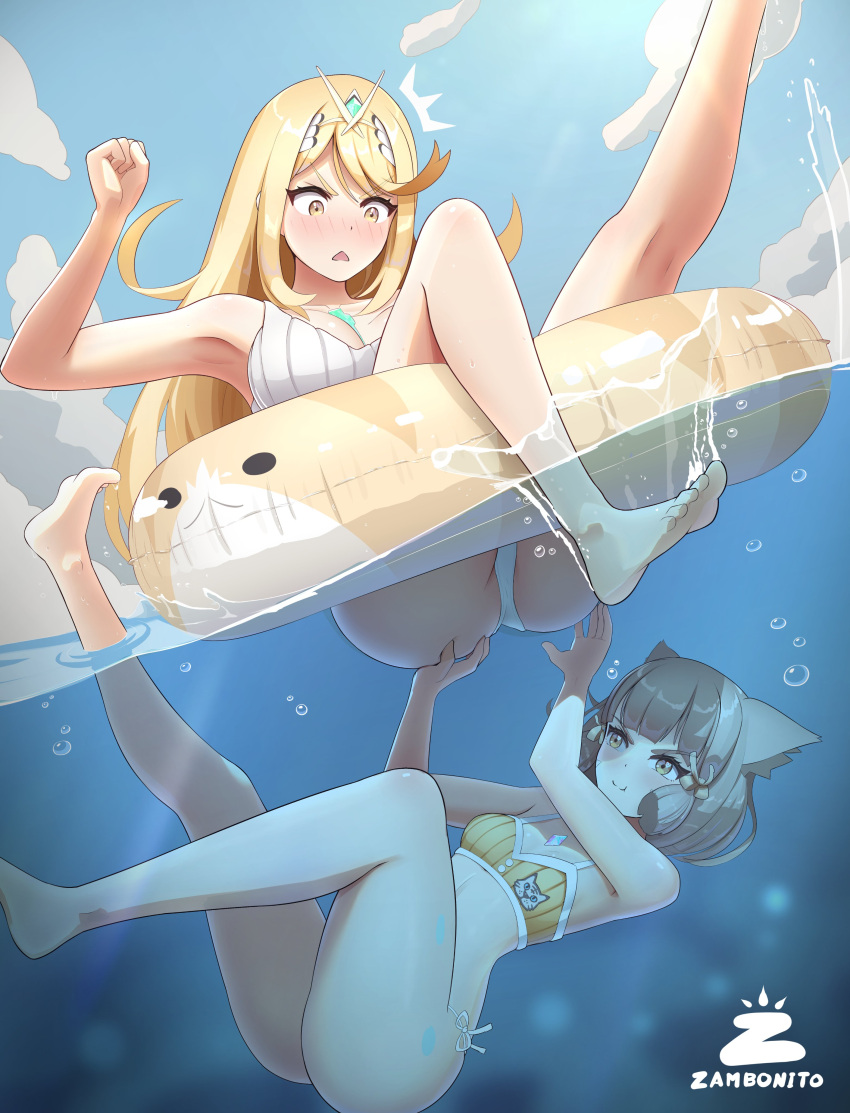 2girls ass breasts embarrassed embarrassed_female female female/female female_only floatation_device groping mythra nia nintendo ocean partially_submerged partially_underwater_shot sea submerged swimming swimsuit tagme underwater water xenoblade_(series) xenoblade_chronicles_2 yuri zambonito