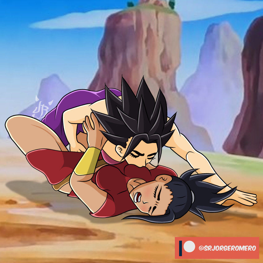 2_girls black_hair breasts caulifla closed_eyes dark-skinned_female dark_skin dragon_ball dragon_ball_super female_only female_sub femdom femsub fingering hair_ornament kale_(dragon_ball) medium_breasts miniskirt open_mouth outside pervert pervert_female red_skirt sex skirt srjorgeromero submission sucking_nipples