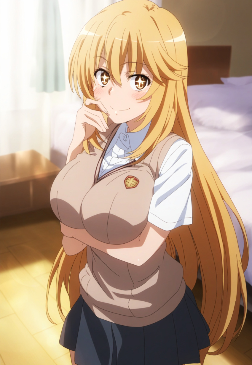1girl ai_generated big_breasts blonde_hair breasts brown_eyes female_focus female_only high_res long_hair patreon patreon_paid patreon_reward solo_female stable_diffusion teen