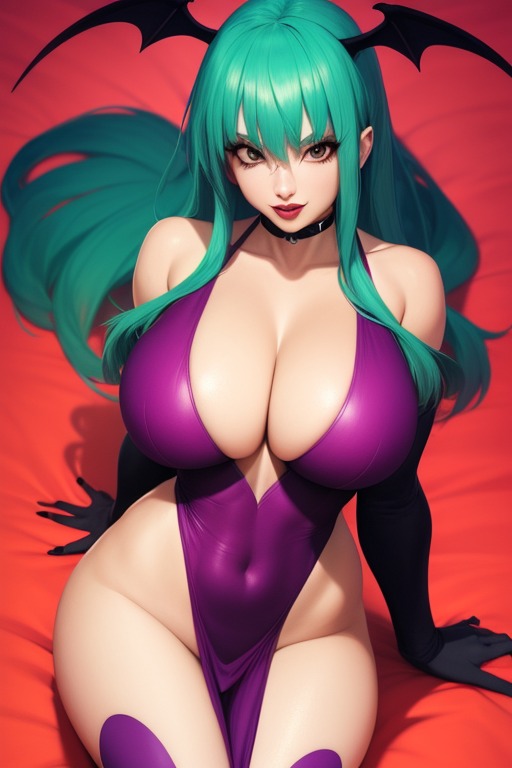 1girl ai_generated big_breasts darkstalkers female_only frosting.ai green_hair head_wings headwings huge_breasts looking_at_viewer morrigan_aensland vampire_savior