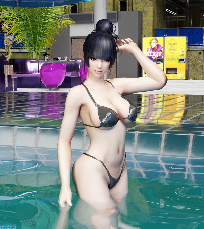 1girl alluring begs3 big_breasts bikini black_hair cleavage dead_or_alive dead_or_alive_6 dead_or_alive_xtreme dead_or_alive_xtreme_2 dead_or_alive_xtreme_3 dead_or_alive_xtreme_3_fortune dead_or_alive_xtreme_beach_volleyball dead_or_alive_xtreme_venus_vacation nyotengu pin_up purple_eyes swimming_pool tecmo wet