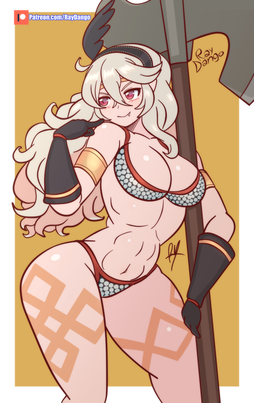 1girl abs alluring amazon_(dragon's_crown)_(cosplay) athletic_female bare_thighs big_breasts blush chainmail chainmail_bikini cleavage corrin_(fire_emblem) corrin_(fire_emblem)_(female) fangs female_abs female_only fire_emblem fire_emblem_fates fit_female gloves grey_hair leg_tattoo long_hair nintendo pointing pointing_at_self raydango red_eyes tattoo thighs