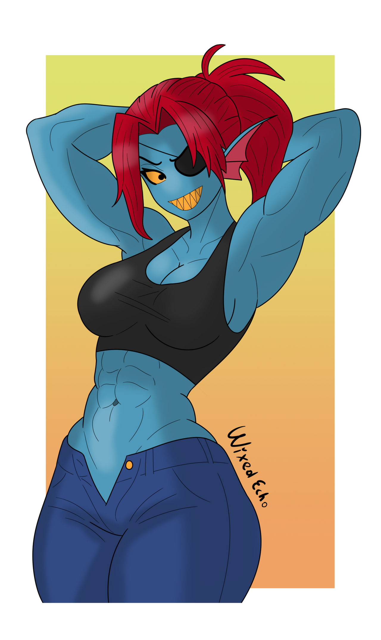 1girl 2020s 2023 2d 2d_(artwork) abs anthro anthro_only armpits artist_name ass big_breasts black_crop_top black_tank_top black_topwear blue_body blue_bottomwear blue_skin bottomwear breasts cleavage clothed clothed_anthro clothed_female clothing crop_top deviantart digital_media_(artwork) ear_fins eyepatch female_abs female_anthro female_only fins fish fish_girl hair hands_behind_head head_fins looking_at_viewer marine midriff monster monster_girl muscle muscular muscular_anthro muscular_female navel nipples non-mammal_breasts pinup pussy red_hair sharp_teeth simple_background slit_pupils solo_anthro solo_female tank_top teeth topwear undertale undertale_(series) undyne unzipped unzipped_pants video_game_character video_games white_border wixedecho yellow_sclera yellow_teeth