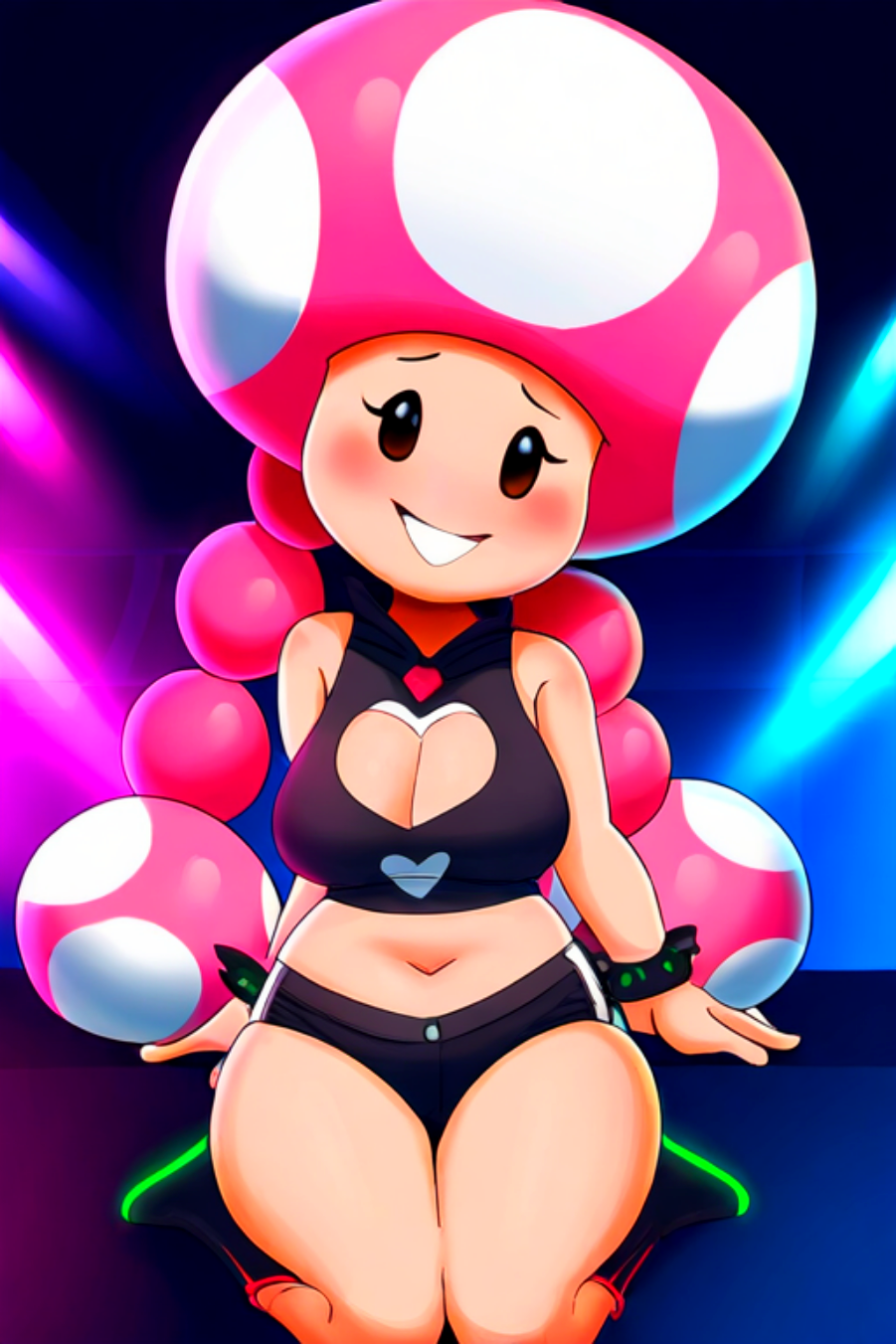 1girl aged_up ai_generated alternate_costume bike_shorts black_eyes blush breasts female_focus looking_at_viewer mario_(series) mushroom_girl navel nintendo novelai pink_hair sitting smile teeth_clenched toadette twin_braids