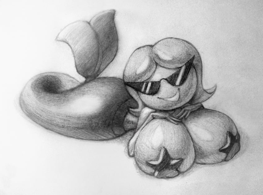 1girl 1girl big_breasts disney grin knick_knack large_hips lying_on_stomach mermaid monochrome noonun pasties pixar short_hair sketch starfish starfish_pasties sunglasses sunny_atlantis thin_waist