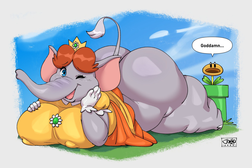 1girl 1girls 1other ass big_ass big_ass breasts brown_hair clothing elephant elephant_daisy female_focus grey_skin huge_ass huge_ass joaoppereiraus laying_on_stomach lying mario_(series) nintendo on_stomach outside overweight overweight_female pereira_cartoons princess_daisy speech_bubble super_mario_bros._wonder talking_flower_(super_mario_bros._wonder) text thick_thighs