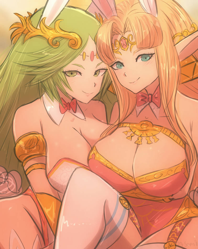 2_girls alluring big_breasts blonde_hair blue_eyes bow_tie bunny_ears bunny_tail circlet detached_collar earrings fake_animal_ears fake_tail goddess green_eyes green_hair kid_icarus kid_icarus_uprising leotard long_hair looking_at_viewer milf nintendo omiza_somi palutena pink_leotard playboy_bunny princess_zelda stockings the_legend_of_zelda triforce triforce_earrings white_leotard