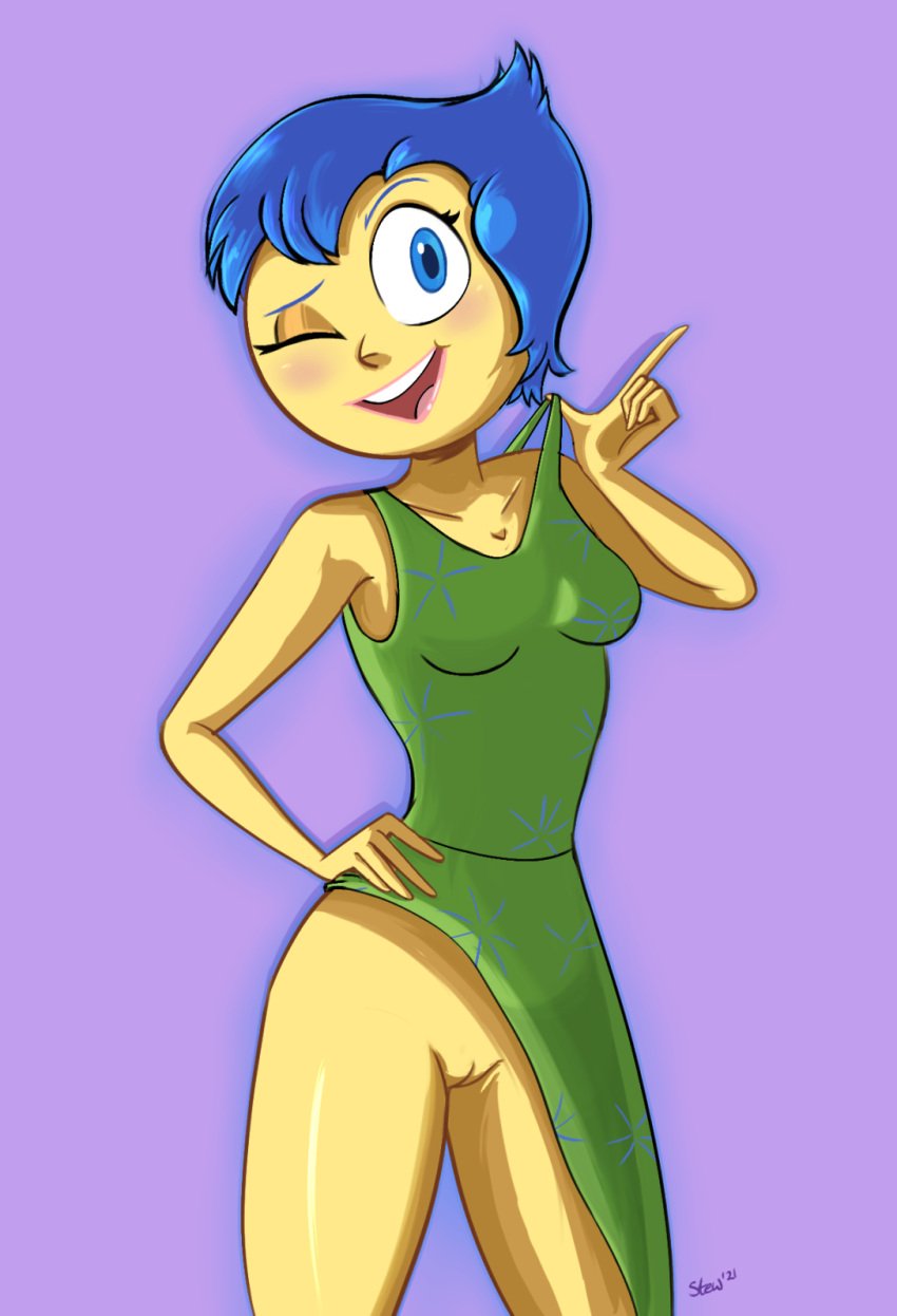 1girl 1girl blue_eyes blue_hair bottomless bottomless_skirt disney dress dress_up female_only hand_on_hip happy humanoid inside_out joy_(inside_out) looking_at_viewer no_panties open_mouth partially_clothed pixar presenting_pussy pussy pussy simple_background sleeveless sleeveless_dress smile stewsspicyblog wink winking winking_at_viewer yellow_skin