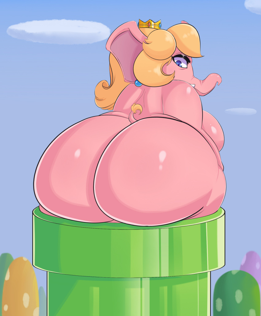 1girl 1girl alternate_species anthro ass big_ass blonde_hair blue_eyes chubby_female cloud crown ear_piercing elephant elephant_peach elephantid fantasy000 hair headgear high_res looking_back mammal mario_(series) nintendo piercing pink_body pipes princess_peach proboscidean stuck stuck_in_pipe super_mario_bros._wonder tail thick_thighs