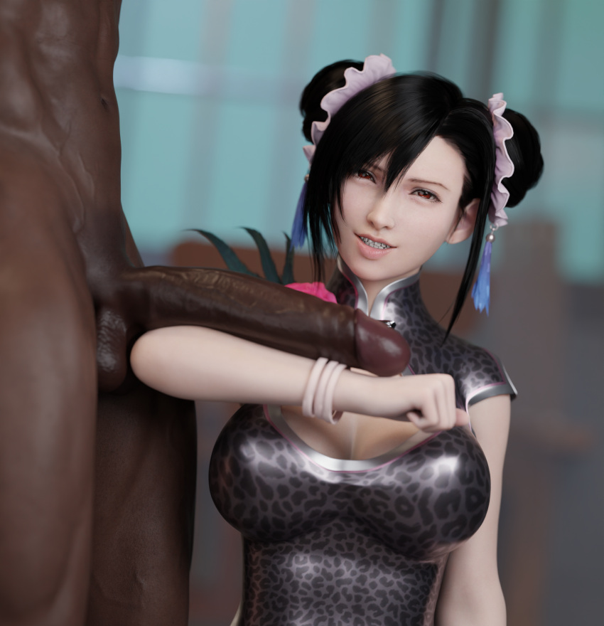 1boy 1girl arm_support big_breasts big_penis black_male comparing_sizes dark-skinned_male derpderp final_fantasy final_fantasy_vii final_fantasy_vii_remake huge_breasts huge_cock huge_penis imminent_sex interracial large_penis penis_on_arm smile tifa_lockhart tifa_lockhart_(sporty_dress) white-skinned_female white_female