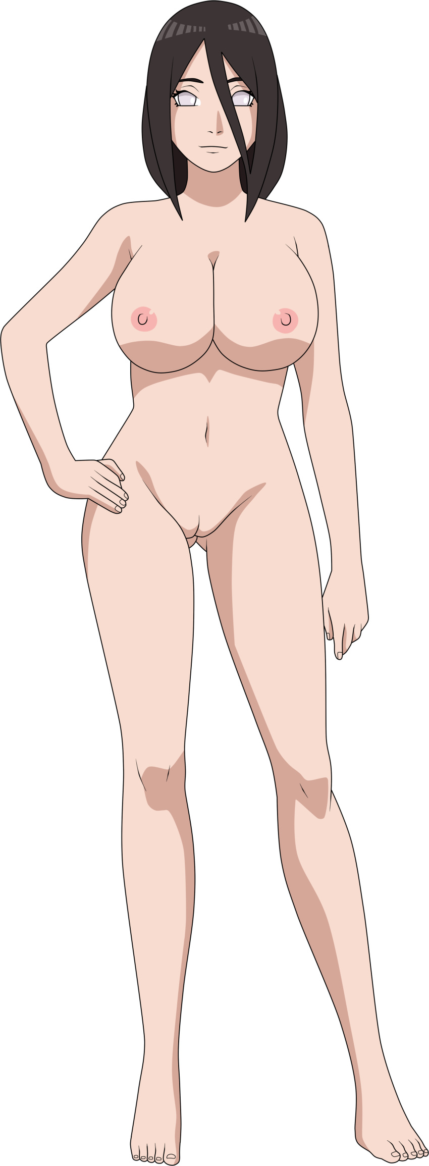 1girl alluring big_breasts black_hair_female boruto:_naruto_next_generations brown_hair female_only full_body hairless_pussy hanabi_hyuuga hand_on_hip lionprideart naruto no_pupils nude nude_female pin_up standing white_background