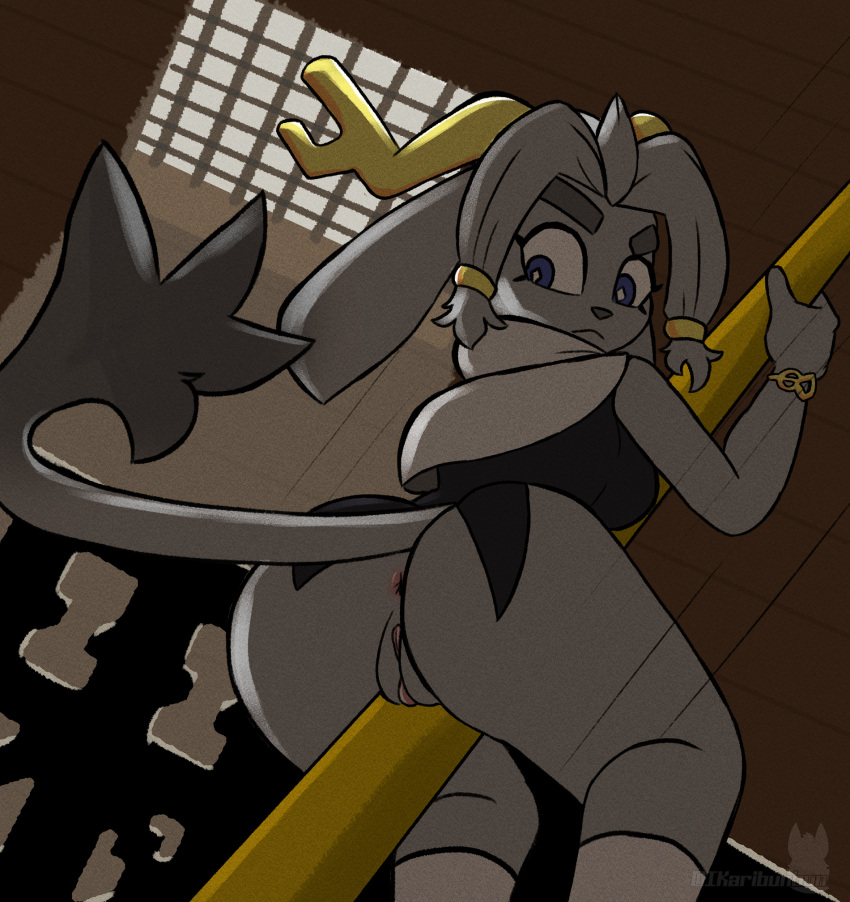 1girl 2024 anthro antlers anus ass big_ass big_eyebrows blue_eyes bottomless bovid bracelet caprine clothing exposed_ass floppy_ears genitals grey_fur grey_hair high_res horns hybrid ikaribunbun jackalope lagomorph long_ears looking_down motion_lines partially_clothed pole pole_sliding pseudoregalia pussy rabbit rear_view sybil_(pseudoregalia) tail yellow_horns