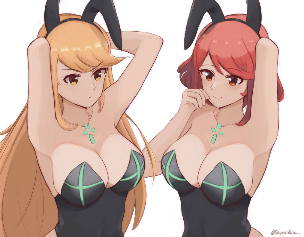 2_girls alluring arms_above_head big_breasts black_leotard blonde_hair bunny_ears bunnysuit core_crystal covered_navel daymandraws fake_animal_ears latex leotard long_hair mythra necklace nintendo playboy_bunny pyra red_eyes red_hair short_hair xenoblade_(series) xenoblade_chronicles_2 yellow_eyes