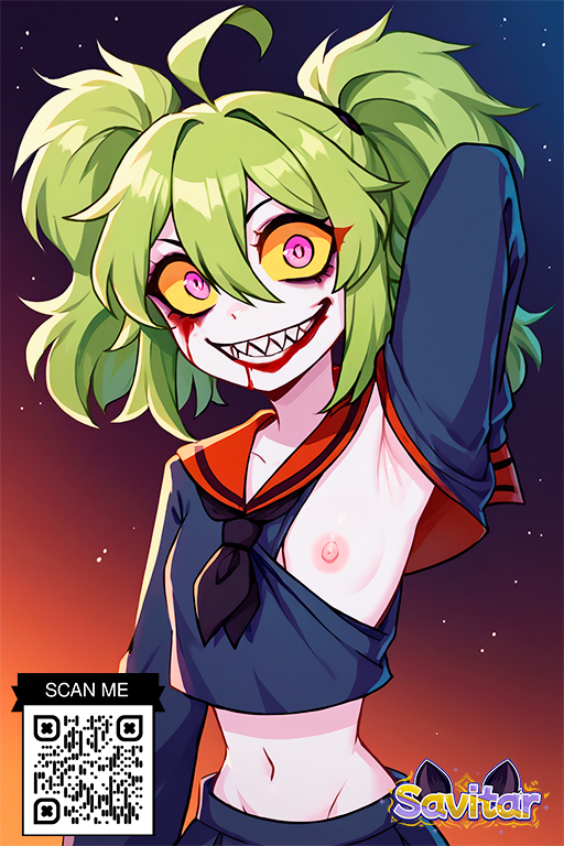 1girl 1girl 1girl ahoge ai_generated arm_behind_head armpits arms_up bangs black_sclera black_shirt black_skirt blood blood_from_eyes blood_on_face breasts clothing colored_sclera colored_skin crazy_eyes crazy_smile crop_top gradient green_hair grin hair_between_eyes littlehentai long_hair long_sleeves looking_at_viewer midriff multicolored_eyes navel neckerchief neckwear nipples open_mouth pink_eyes pleated_skirt ponytail red_sclera sailor_collar savitar savitar_(artist) school_uniform serafuku sharp_teeth shirt skirt small_breasts smile teeth tied_hair twin_tails uniform upper_body yellow_sclera