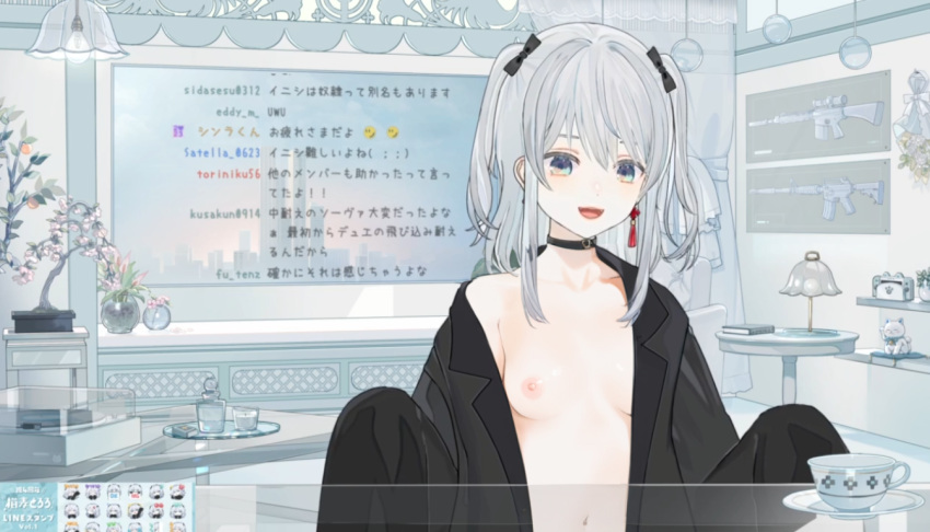 1girl 1girl blue_eyes breasts grey_hair nekomugi_tororo nipples open_jacket screencap third-party_edit virtual_youtuber